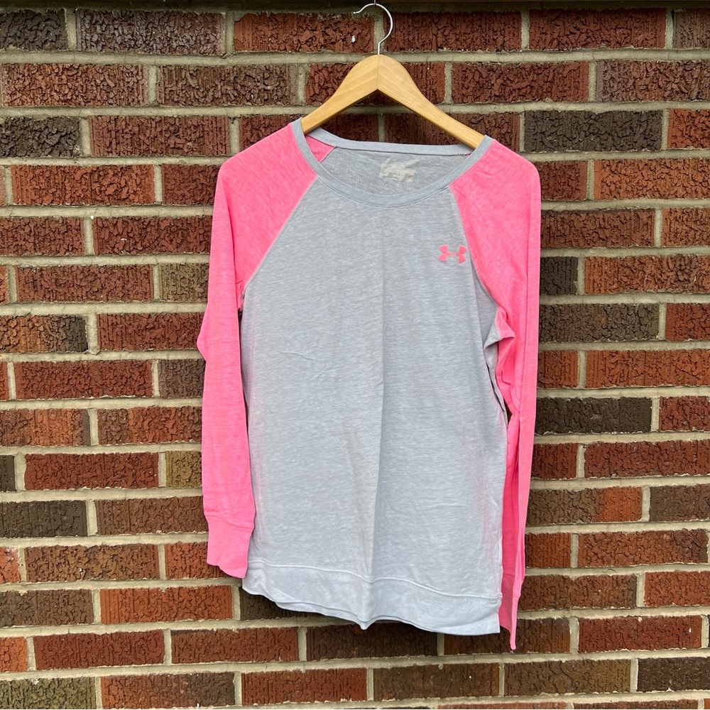 Under Armour Pink and Gray Long Sleeve Baseball Tee Top